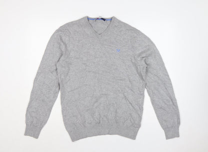 Crew Clothing Co. Men's Grey V-Neck Cotton Cashmere Jumper Size S