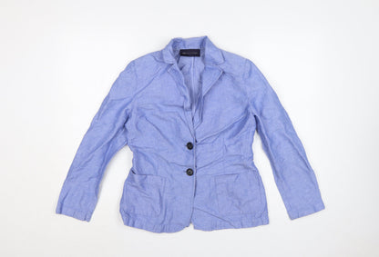 Marks and Spencer Women Blue Linen Blend Petite Two-Button Blazer Size 8
