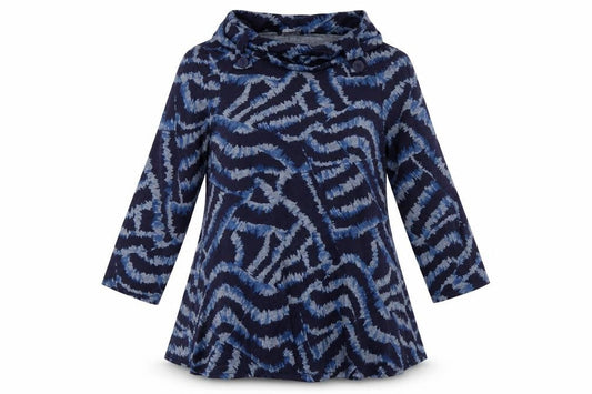 Front view of Roman Women’s Blue Abstract Cowl Neck Tunic Top, size UK 12