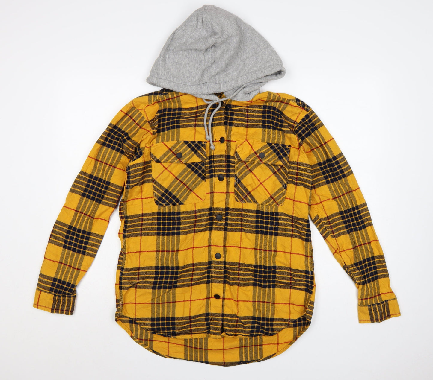 H&M Divided Women's Yellow Check Hooded Flannel Shirt Size 8