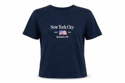 Stradivarius Women's Blue Cotton New York City Embroidered T-Shirt Size 12