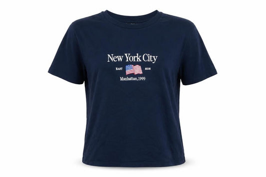 Stradivarius Women's Blue Cotton New York City Embroidered T-Shirt Size 12