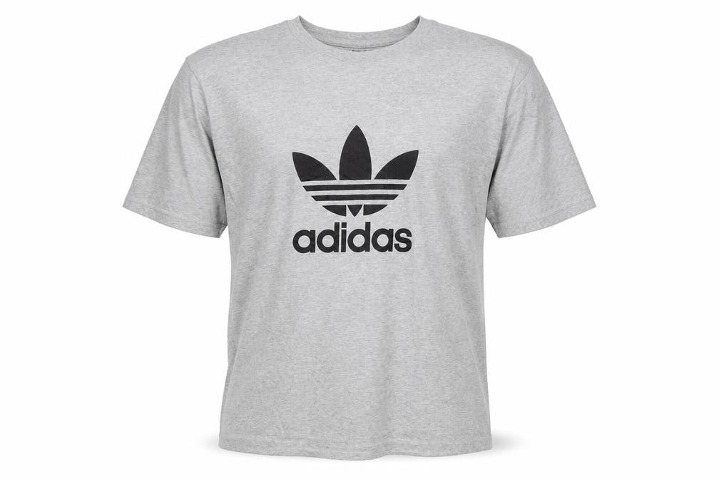 Front view of Adidas Men's Grey XL Trefoil Logo T-Shirt Organic Cotton