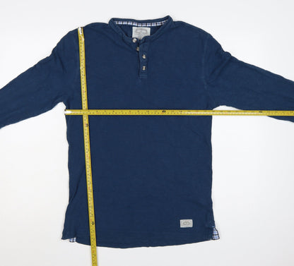 White Stuff Men's Blue Henley Long Sleeve Cotton T-Shirt Medium