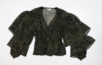 Topshop Women's Green Animal Print Wrap Blouse UK 12 Puff Sleeve