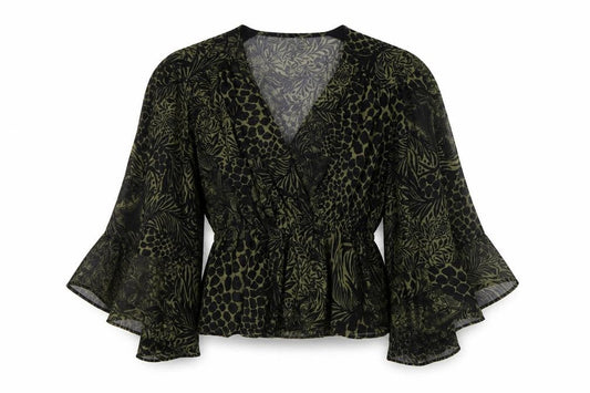Topshop Women's Green Animal Print Wrap Blouse UK 12 Puff Sleeve