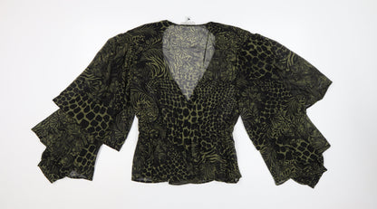 Topshop Women's Green Animal Print Wrap Blouse UK 12 Puff Sleeve