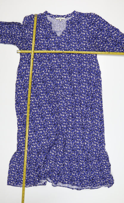 Next Women Blue Floral Midi Smock Dress Size 20 V-Neck 3/4 Sleeve