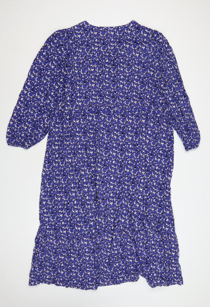 Next Women Blue Floral Midi Smock Dress Size 20 V-Neck 3/4 Sleeve