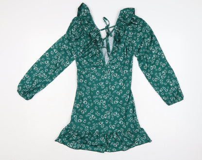 Topshop Women’s Green Floral Ruffle Mini Dress UK 6 Petite
