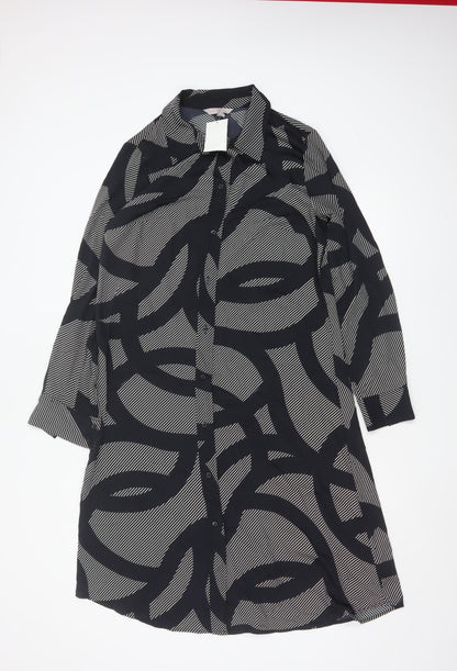 H&M Women’s Black Geometric Shirt Dress M Long Sleeve Collared