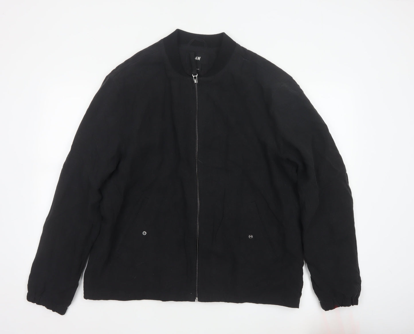 H&M Men's Black Linen Bomber Jacket L Regular Fit Zip Up