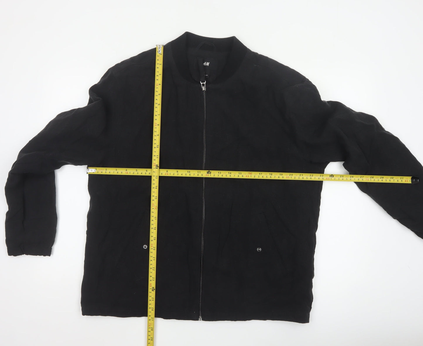 H&M Men's Black Linen Bomber Jacket L Regular Fit Zip Up
