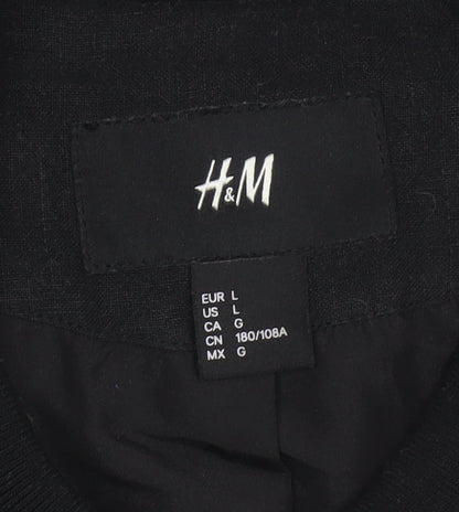 H&M Men's Black Linen Bomber Jacket L Regular Fit Zip Up