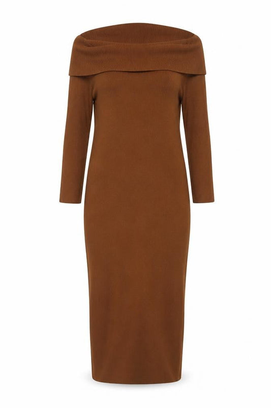 Pretty Lavish Women Brown 2XL Off Shoulder Knit Bodycon Dress