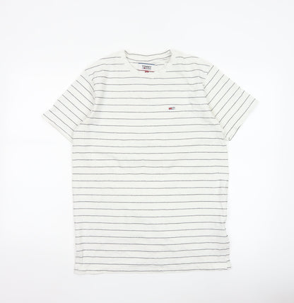Tommy Jeans Men’s White Striped Cotton Crew Neck Short Sleeve T-Shirt M