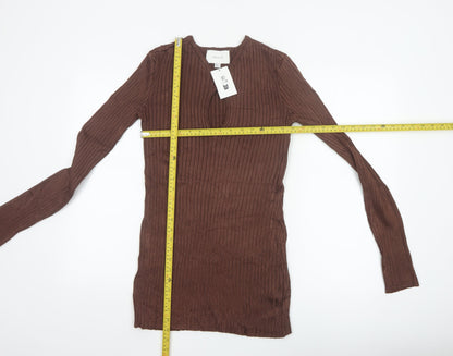 H&M Women Brown Ribbed V-Neck Long Sleeve Pullover Jumper Size 8