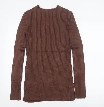 H&M Women Brown Ribbed V-Neck Long Sleeve Pullover Jumper Size 8