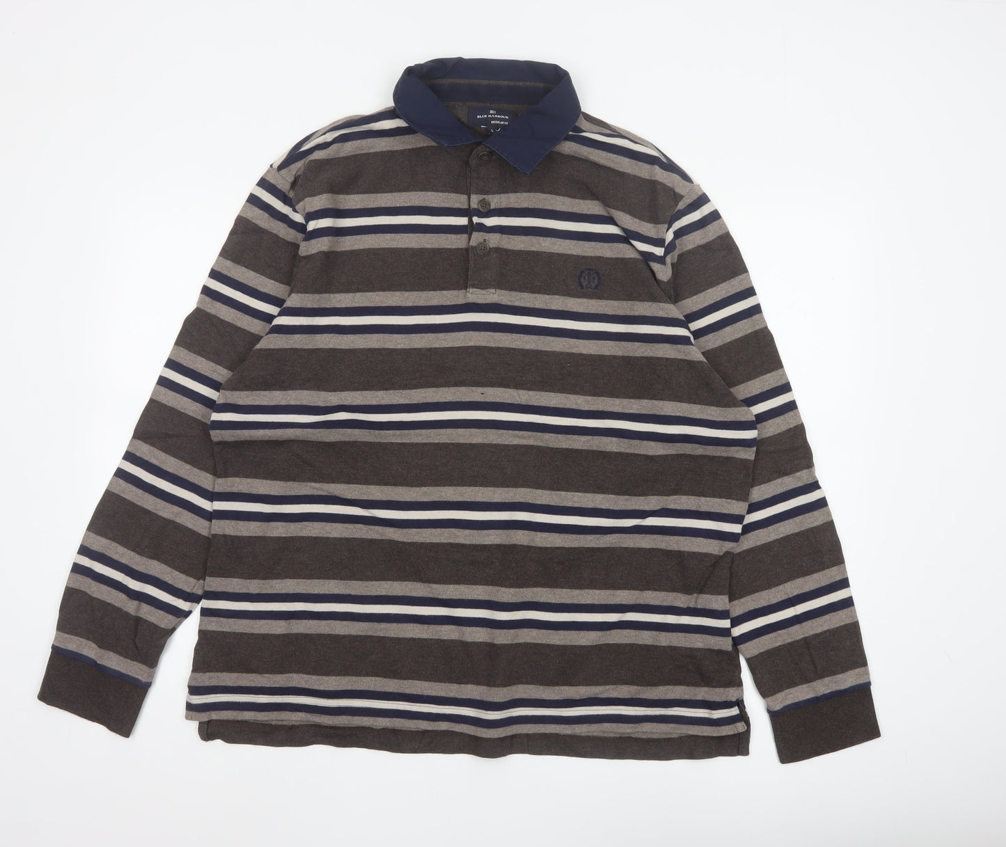 Marks and Spencer Blue Harbour Men's Brown Striped Long Sleeve Polo L Regular Fit