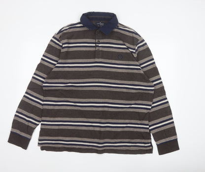Marks and Spencer Blue Harbour Men's Brown Striped Long Sleeve Polo L Regular Fit