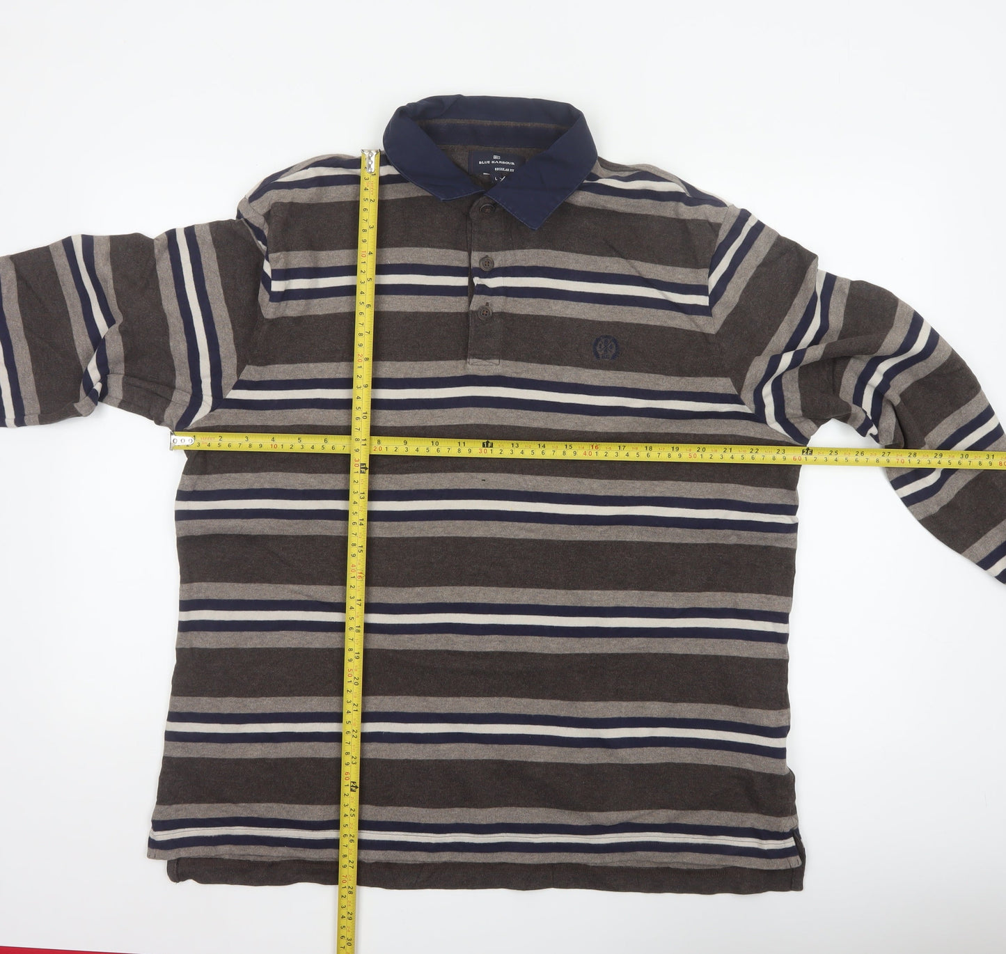 Marks and Spencer Blue Harbour Men's Brown Striped Long Sleeve Polo L Regular Fit