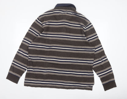 Marks and Spencer Blue Harbour Men's Brown Striped Long Sleeve Polo L Regular Fit