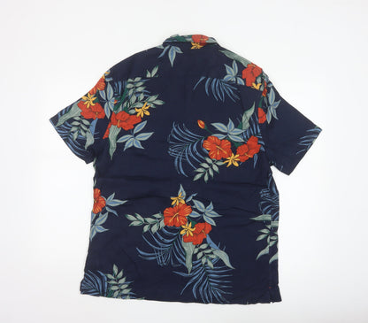 Marks and Spencer Men's Blue Hawaiian Linen Blend Short Sleeve Shirt M