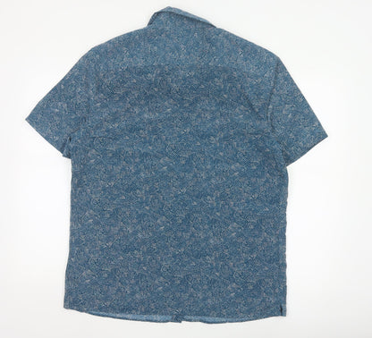 Marks and Spencer Men's Blue Geometric Short Sleeve Button-Up Shirt Size L