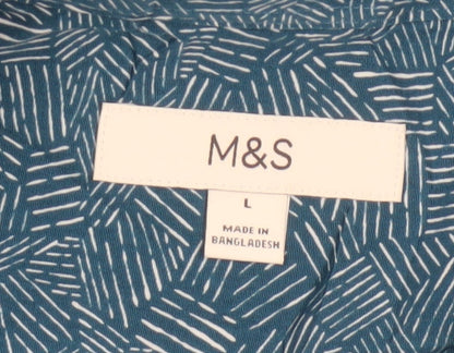 Marks and Spencer Men's Blue Geometric Short Sleeve Button-Up Shirt Size L