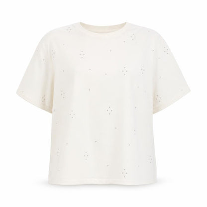 Marks & Spencer Women Ivory Rhinestone Cotton T-Shirt Size 14