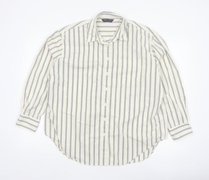 Marks and Spencer Women White Striped Long Sleeve Cotton Button-Up Shirt Size 14
