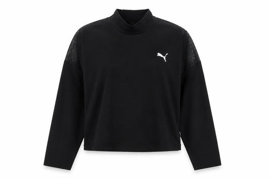 Front view of Puma Women's Black Mock Neck Long Sleeve Cropped Top L