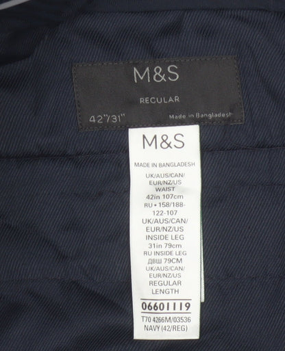 Marks and Spencer Men's Blue Check Regular Fit Dress Trousers 42W 31L