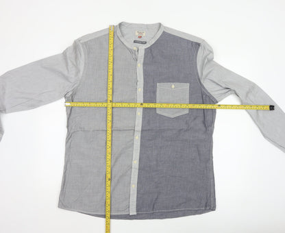 Next Men's Grey Colourblock Cotton Long Sleeve Band Collar Shirt XL