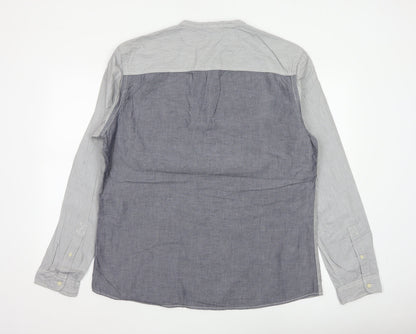 Next Men's Grey Colourblock Cotton Long Sleeve Band Collar Shirt XL