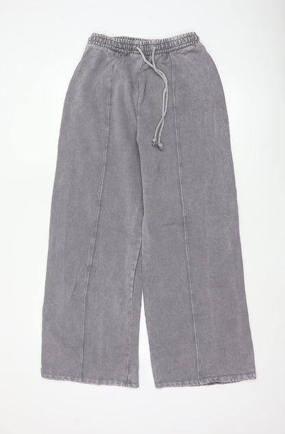 Zara Women Grey Wide-Leg Trousers Size S Cotton Blend Drawstring Waist