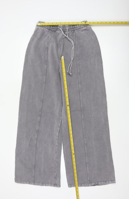 Zara Women Grey Wide-Leg Trousers Size S Cotton Blend Drawstring Waist