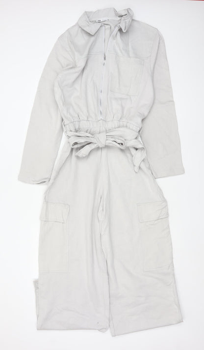 Zara Women Ivory Lyocell Collared Belted Long Sleeve Jumpsuit Size 12