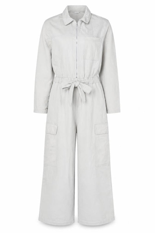 Zara Women Ivory Lyocell Collared Belted Long Sleeve Jumpsuit Size 12
