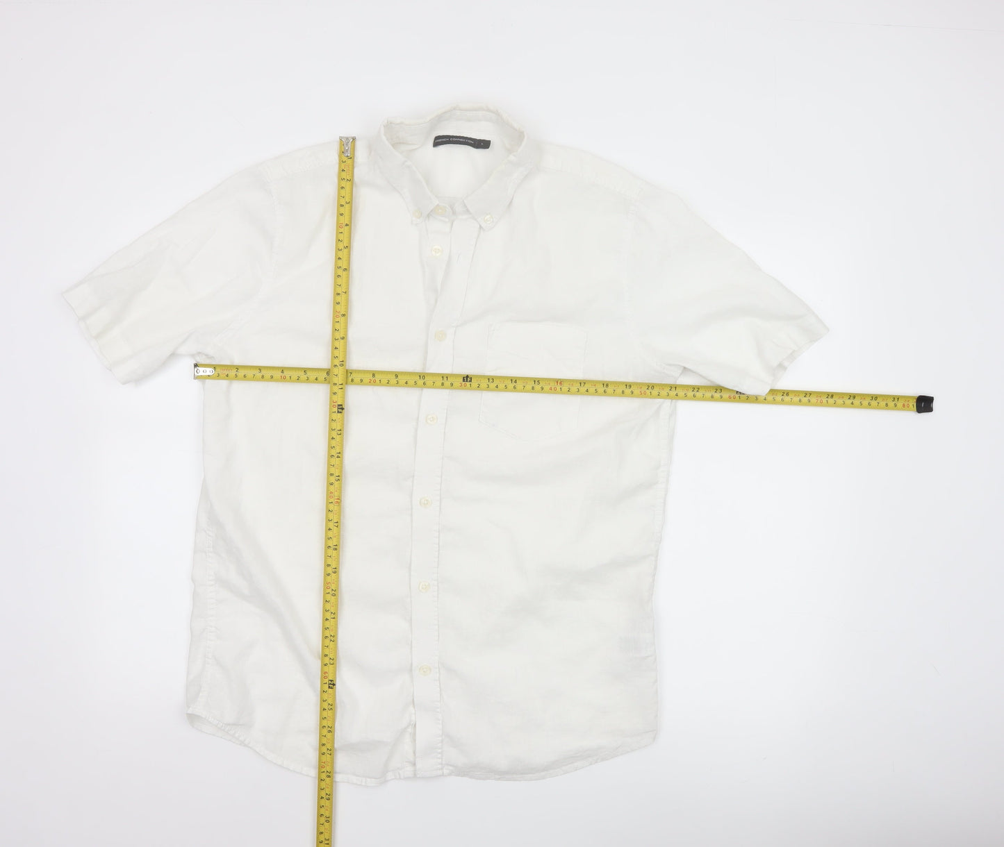 French Connection Men's White Linen Cotton Short Sleeve Shirt L
