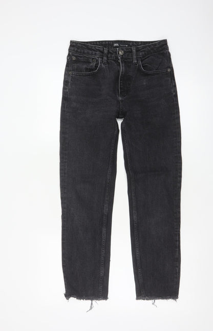 Zara Women Black Mid Rise Straight Jeans Size 8 Distressed Hem