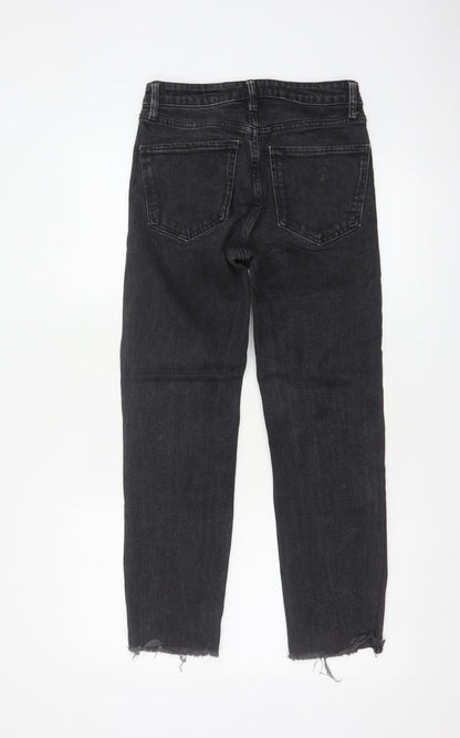 Zara Women Black Mid Rise Straight Jeans Size 8 Distressed Hem