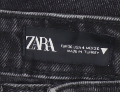 Zara Women Black Mid Rise Straight Jeans Size 8 Distressed Hem