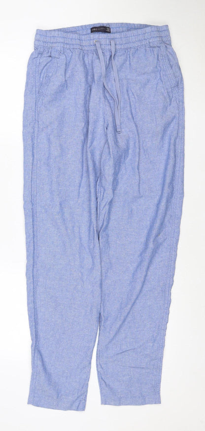 Marks and Spencer Women Blue Linen Blend Elastic Waist Tapered Trousers Size 12 Long