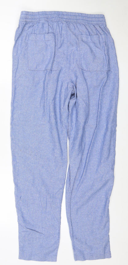 Marks and Spencer Women Blue Linen Blend Elastic Waist Tapered Trousers Size 12 Long