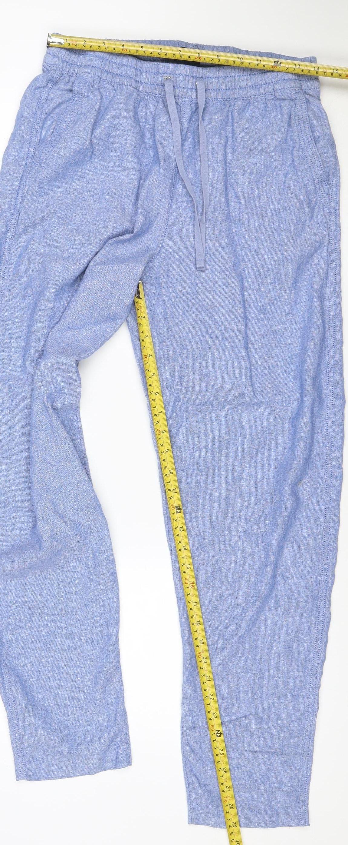 Marks and Spencer Women Blue Linen Blend Elastic Waist Tapered Trousers Size 12 Long