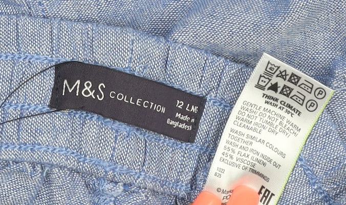 Marks and Spencer Women Blue Linen Blend Elastic Waist Tapered Trousers Size 12 Long