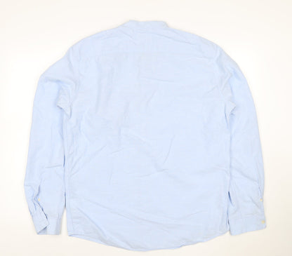 Pull&Bear Men's Blue XL Cotton Linen Band Collar Long Sleeve Shirt