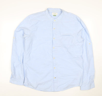 Pull&Bear Men's Blue XL Cotton Linen Band Collar Long Sleeve Shirt