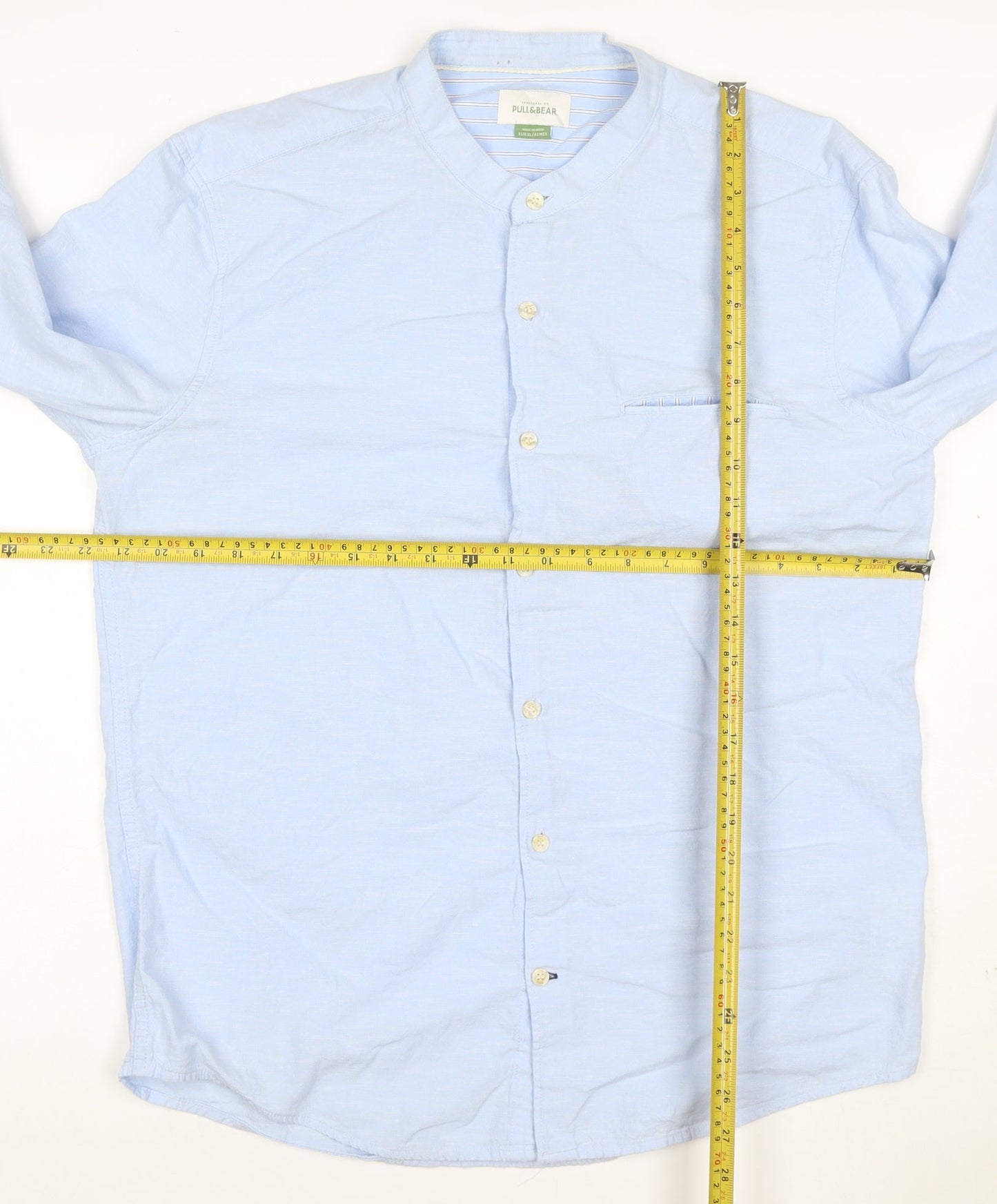 Pull&Bear Men's Blue XL Cotton Linen Band Collar Long Sleeve Shirt